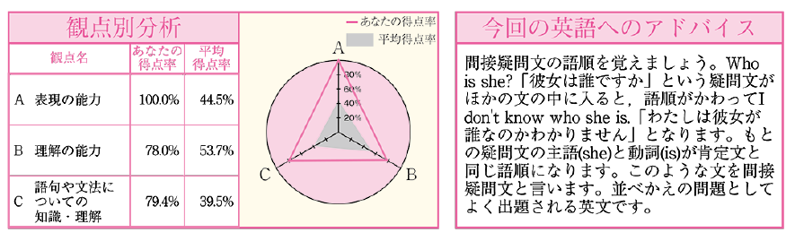 観点別分析:観点別の得点率を示すレーダーチャートと教科担当者からのアドバイス